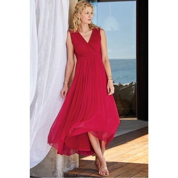Soft Surroundings Charmonte Maxi Dress Sleeveless Crinkle Chiffon Red Size 8P - Picture 1 of 6